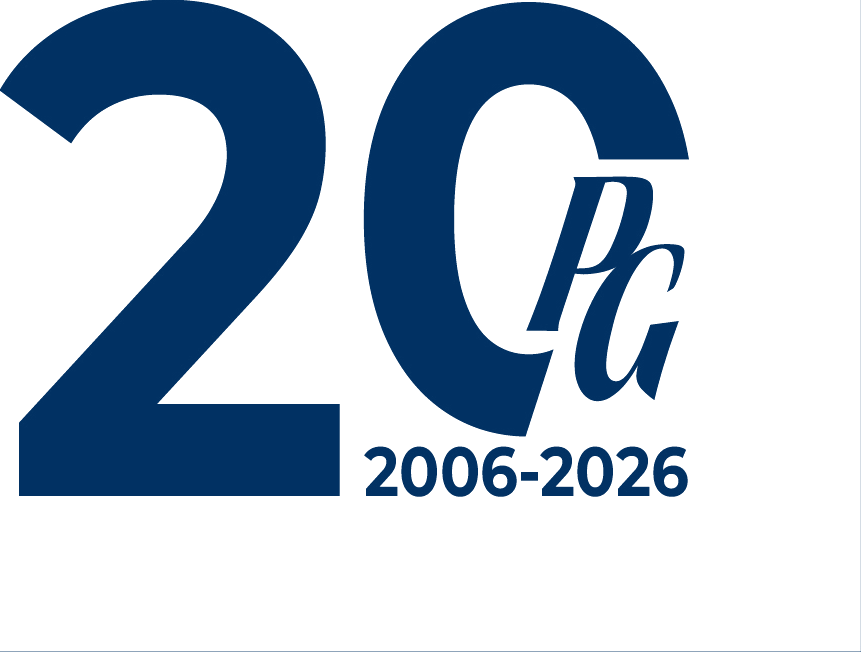 PG fête ses 20 ans · 2006 — 2026 Logo du 20e anniversaire de Construction & Expertise PG, 2006-2026