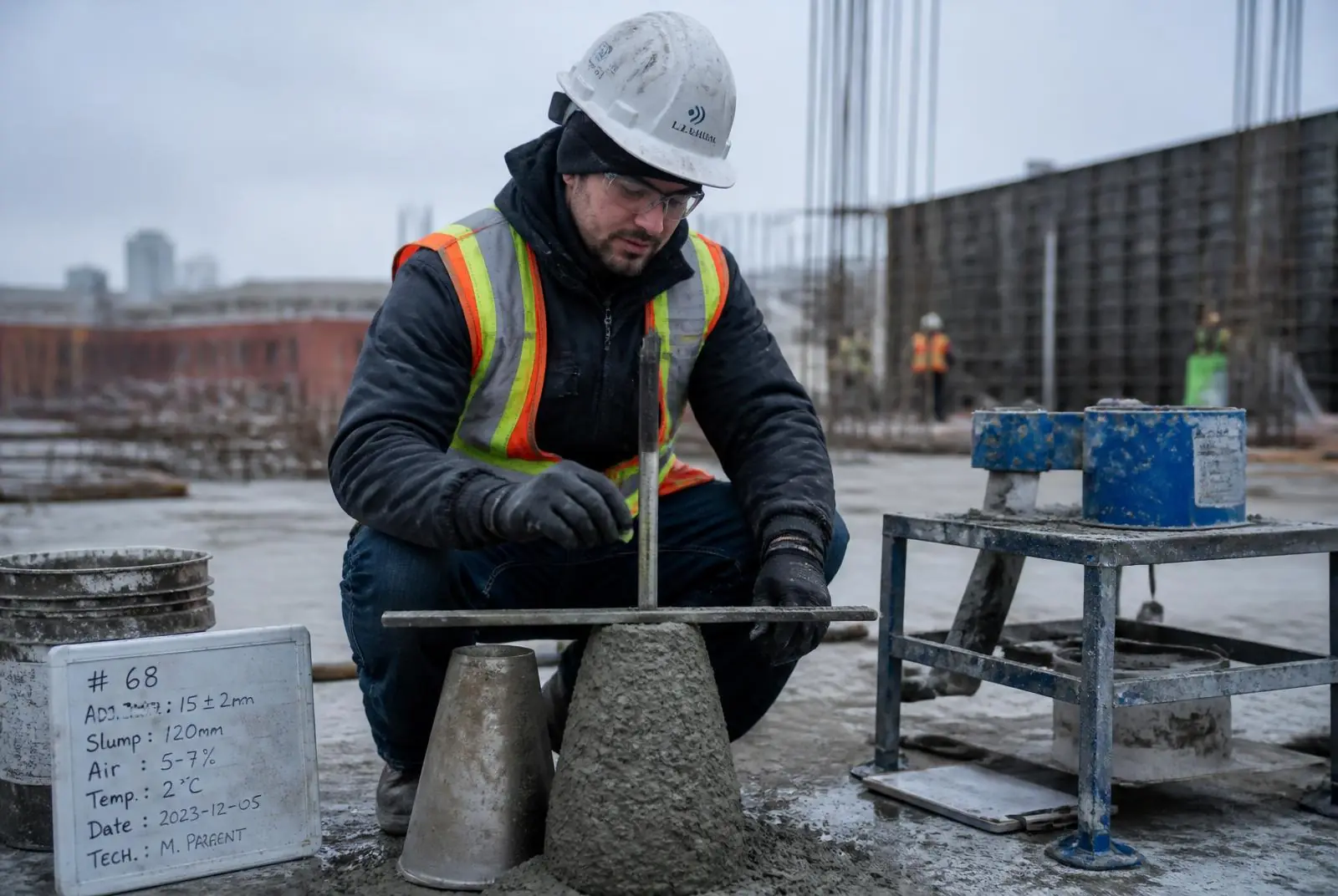 Technicien effectuant un essai de compactage du sol au nucléodensimètre sur un chantier.
